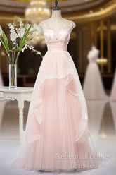Pink Elegant Tulle A-Line Floor Length Wedding Party Dresses, Light Pink Gown